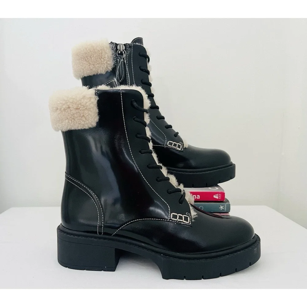 COACH Black High Shine Leather Shearling‎ Combat Booties Uniform Dress Shoes 5B - Picture 3 of 13